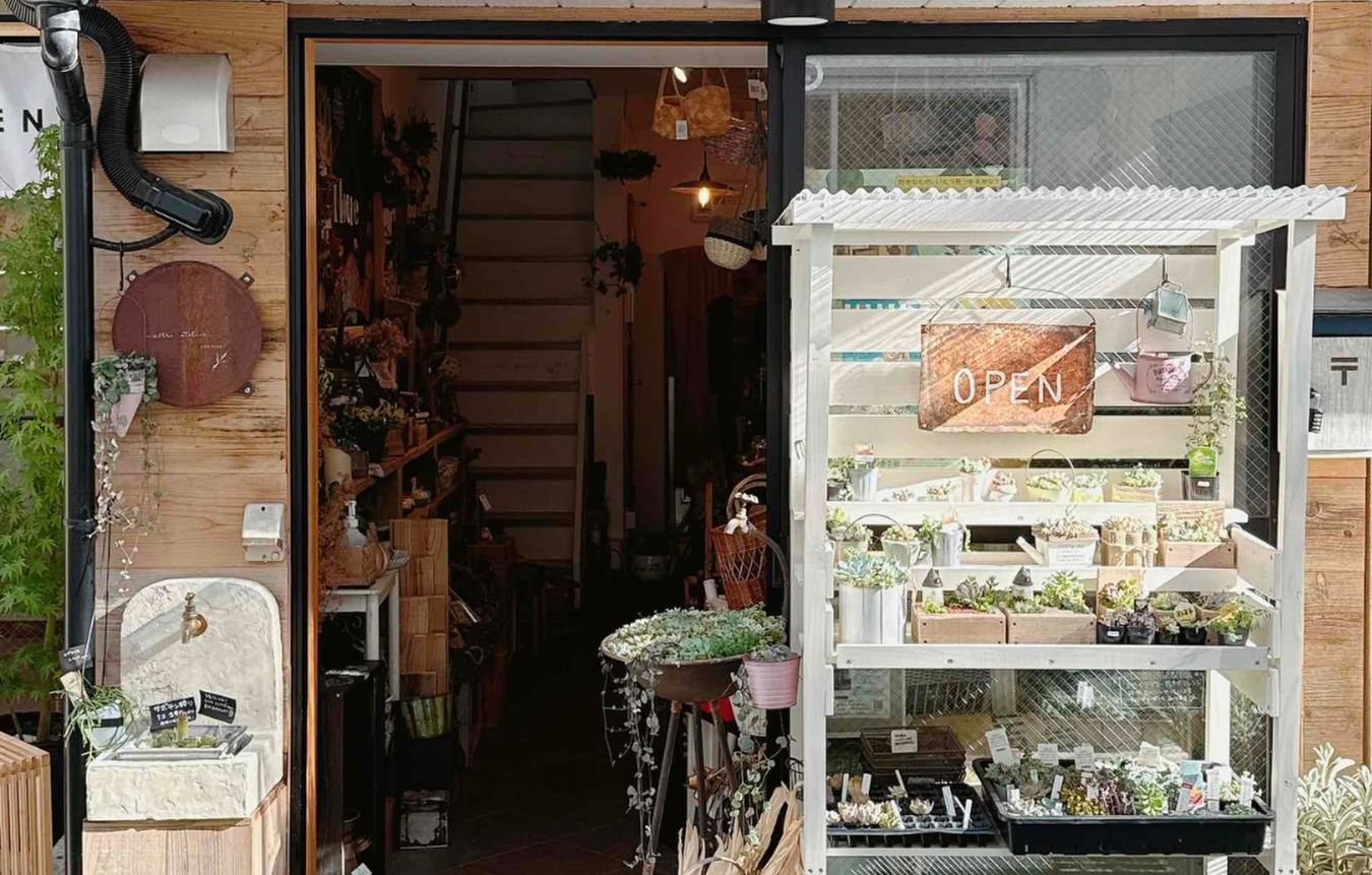 開いた扉の奥に2階への階段がのぞく店の入口。白い格子棚に多肉植物の小鉢が並び、OPENの札が掛かっている